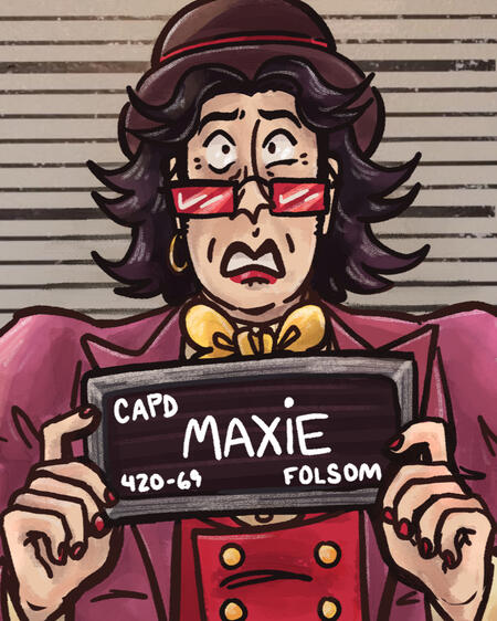 a drawn mugshot of a six-fingered woman named Maxie.